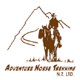 Logo for Adventure Horse Trekking NZ Ltd featuring a mountain backdrop and riders on horses with the company name beneath.