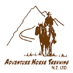 Logo for Adventure Horse Trekking NZ Ltd featuring a mountain backdrop and riders on horses with the company name beneath.